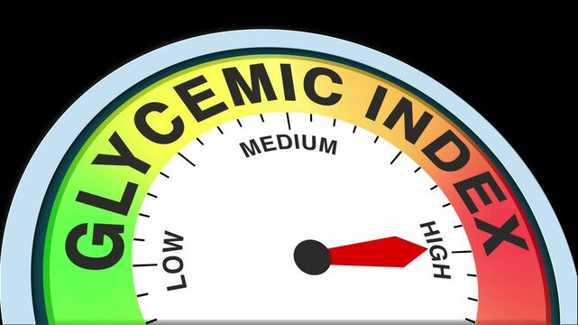 Glycemic Index Level Text or Word Low and Medium to High Meter Concept Animation on Black Background and Blue Screen