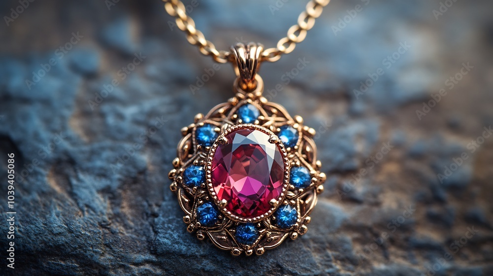 Poster custom gemstone pendant in an ornate setting displayed on a clean minimalistic surface focusing on t