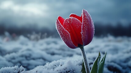 A vibrant red tulip covered in frost, standing out in a snowy landscape.