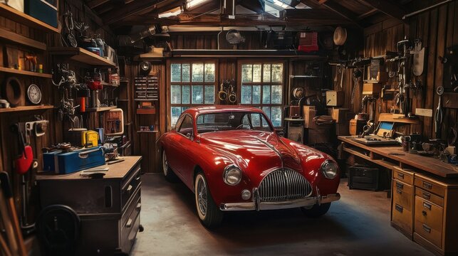 Fototapeta A meticulously arranged vintage car restoration garage, Classic cars and restoration tools in meticulous detail, Automotive restoration style
