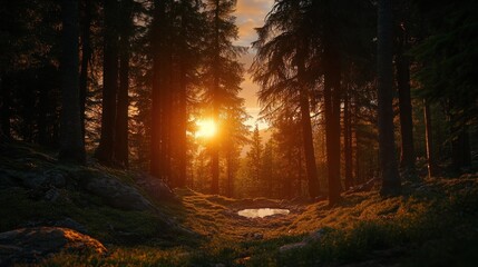 Obraz premium A scenic sunset illuminates the tall pines in a forest, casting long shadows and creating a magical atmosphere. 