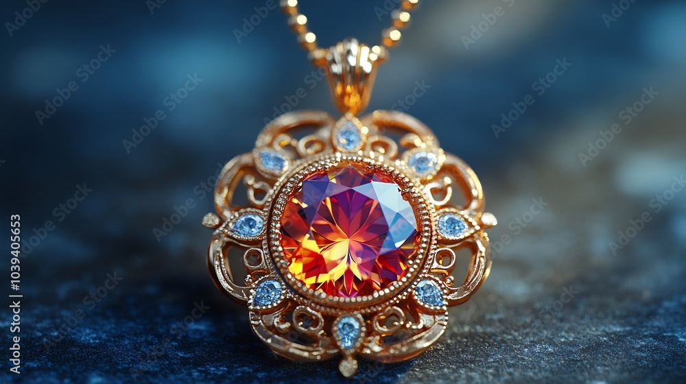Poster custom gemstone pendant in an ornate setting displayed on a clean minimalistic surface focusing on t