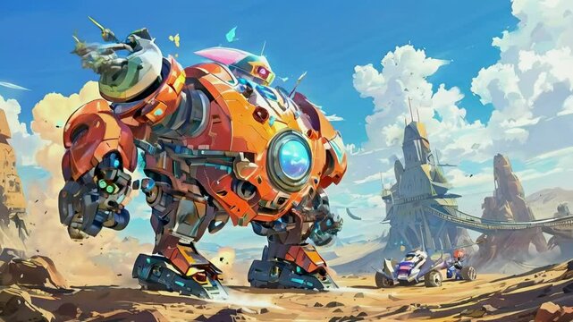 Cartoon Mecha Fight in a Post-Apocalyptic World