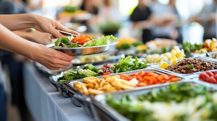 Buffet Catering Food Service Table with Hands Serving Salad