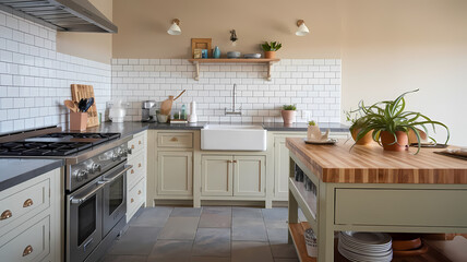 Fototapeta premium Bright and modern kitchen featuring a farmhouse sink, wooden island, pale green cabinets, and stylish decor, ideal for a cozy cooking environment with natural light.