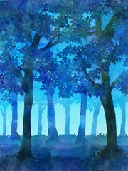 Fototapeta premium 青い夜の森 水彩風 風景イラスト
