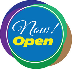 Now open invitation announcement red  blue yellow banner stamp sticker tag badge sign retail shopping