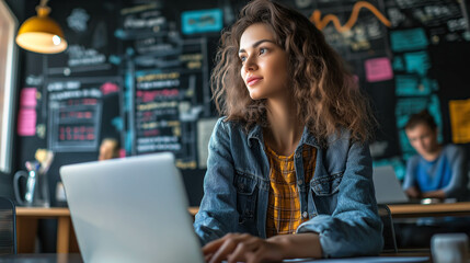 A student woman learns online with futuristic technology. The concept of education, innovation, and digital learning. Generative AI.