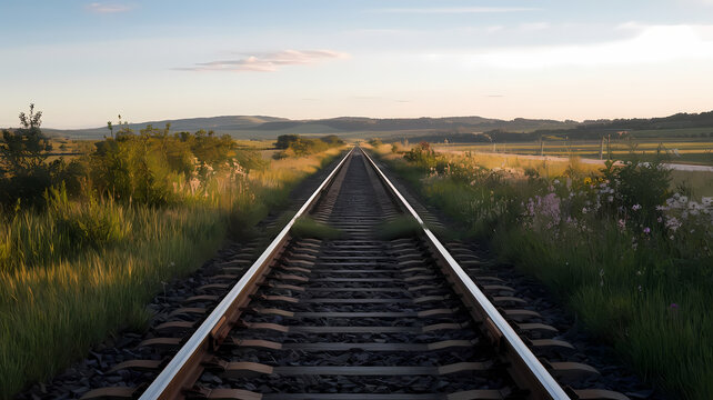 Scenic view of a railway track stretching into the distance, surrounded by lush green fields and gentle hills under a clear sky during sunset.