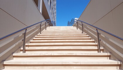 Modern concrete stairs with stainless steel railings leading up to a building with a blue sky.
