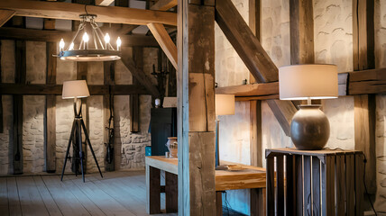 Elegant interior of a rustic room featuring wooden beams, stylish lighting fixtures, and modern decor elements, creating a warm and inviting atmosphere.