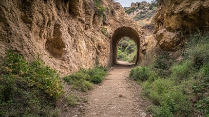 A dirt path leads through a natural stone archway in a canyon.