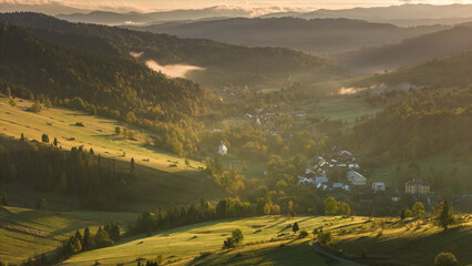 Drone Captures Autumn Beauty in the Countryside Under Poland's Tatra Mountain Range