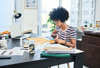 Woman, designer and cutting fabric at house for clothes pattern, material texture and manufacturing...