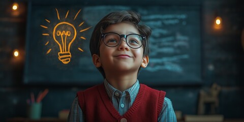 Smiling Indian kid with light bulb, symbolizing a bright idea, creativity, and innovative thinking.