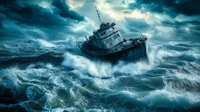 Sinking boat in rough sea disaster moment