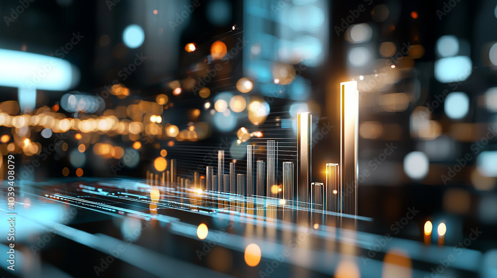 Poster exploring financial growth a captivating visualization of rising bar charts illuminated against a dy