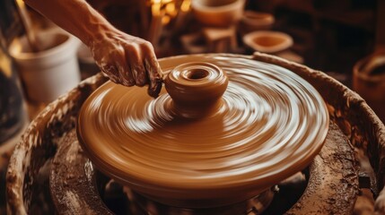 A meticulously organized pottery wheel studio, Clay spinning under skilled hands, Ceramic creation style