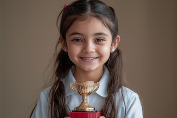 Happy Indian schoolgirl in uniform holding a trophy, marking her achievement in academic success and excellence.
