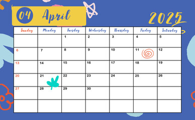2025 table April monthly calendar week start on Sunday with colorful style for horizonral printable design