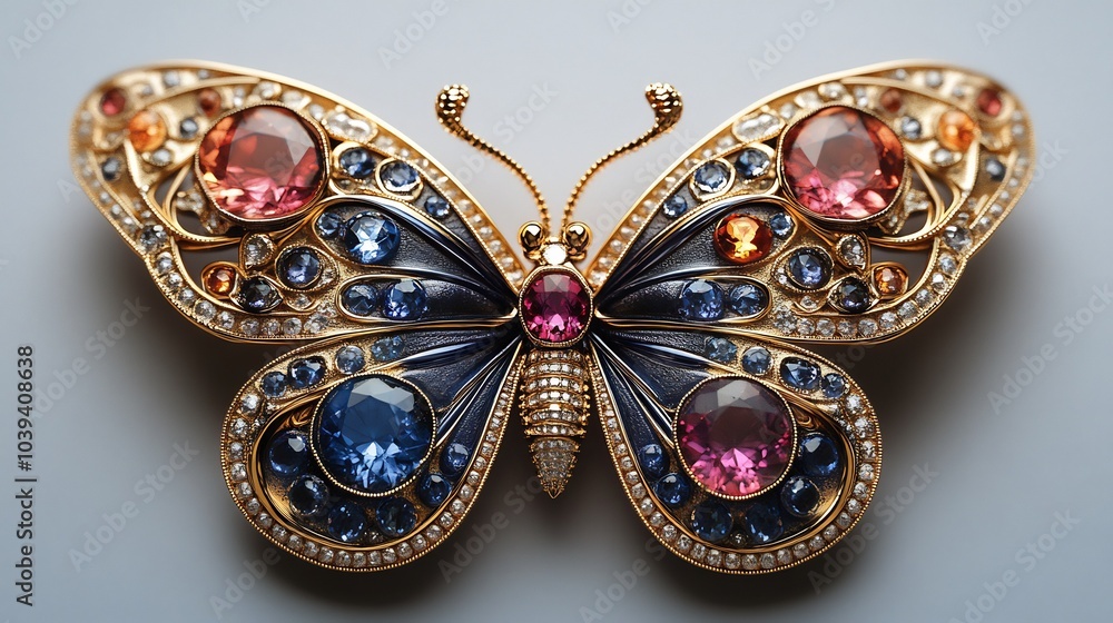 Poster delicate butterflyshaped brooch with colorful gemstones isolated on a plain minimalistic background 