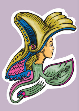 Cute woman head on the flower and leaf ornament composition vector illustration
