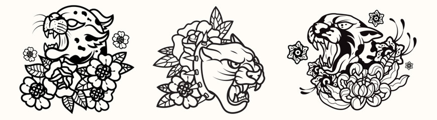 Set of Traditional panther tattoo vintage and flower illustration surreal illustration, badges, print for t-shirt.