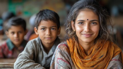 Fototapeta premium Smiling Indian Teacher and Student Bonding in Classroom, Embracing Learning and Growth