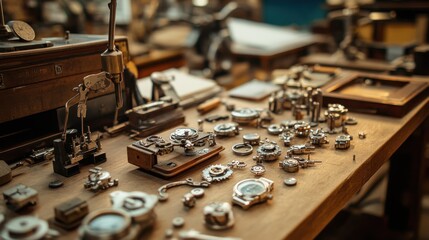 A meticulously organized vintage watchmaking and repair studio, Watch parts and precision tools in meticulous display, Horology craftsmanship style