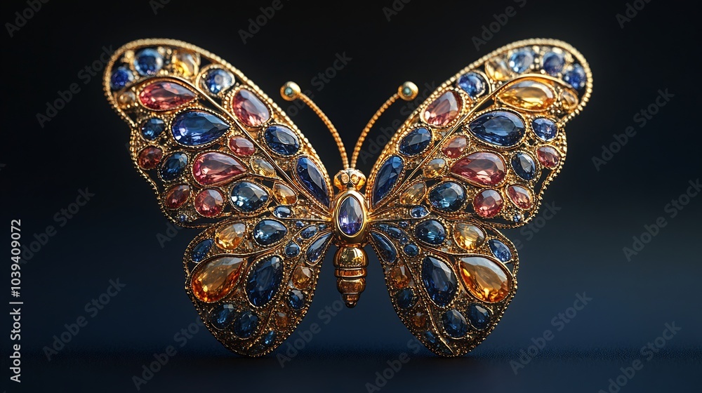 Poster delicate butterflyshaped brooch with colorful gemstones isolated on a plain minimalistic background 