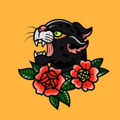 Traditional Black panther tattoo vintage and flower illustration design element old school tattoo mascot icon wild animal surreal illustration, badges, print for t-shirt.