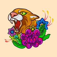 traditional panther tattoo vintage and flower illustration design element old school tattoo mascot icon wild animal surreal illustration, badges, print for t-shirt.