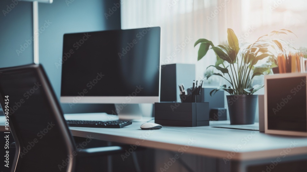 Poster A minimalist office with blocks used for creative desk organization, Blocks arranged in functional patterns, Modern workspace style