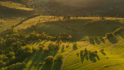 Aerial View of Vibrant Autumn in the Polish Countryside at the Foot of Tatra Mountains