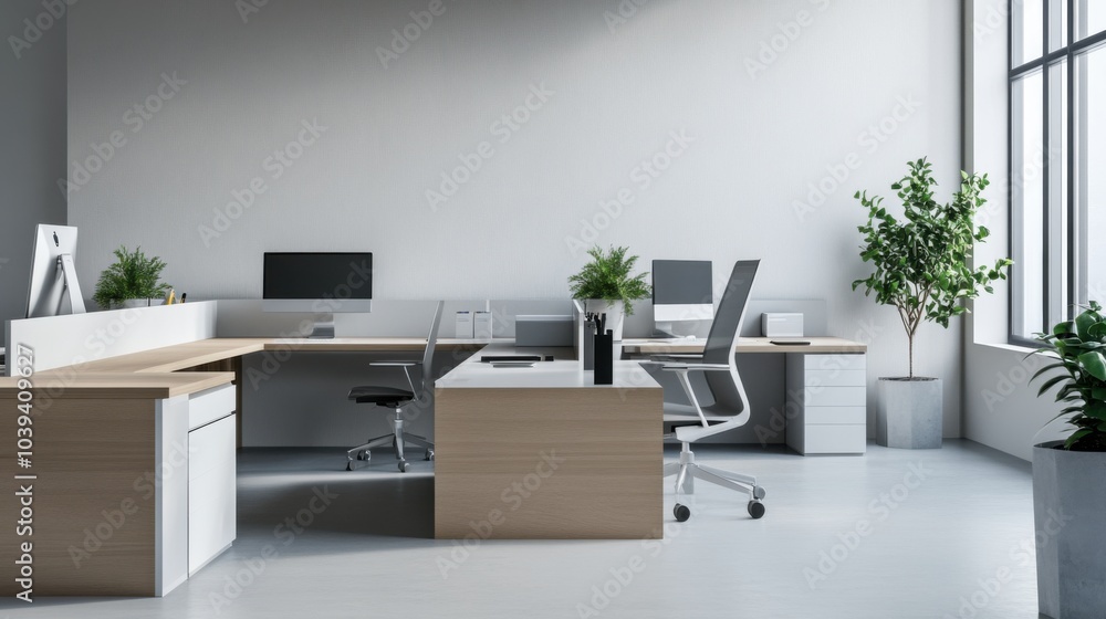 Poster A minimalist office with blocks used for creative desk organization, Blocks arranged in functional patterns, Modern workspace style