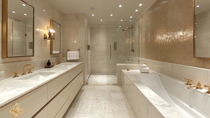 Fototapeta premium Elegant modern bathroom with marble finishes and stylish fixtures.