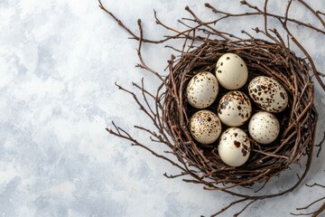A high-quality image of quail eggs in a nest made of twigs, placed on a blank surface, ideal for commercial advertisements, highlighting the exotic and delicate nature of quail eggs. 