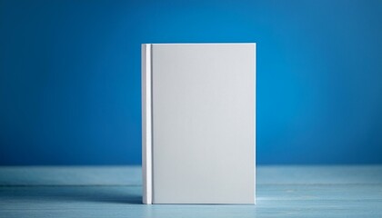 A blank white book standing upright on a blue background, ideal for branding mockups. Generative AI