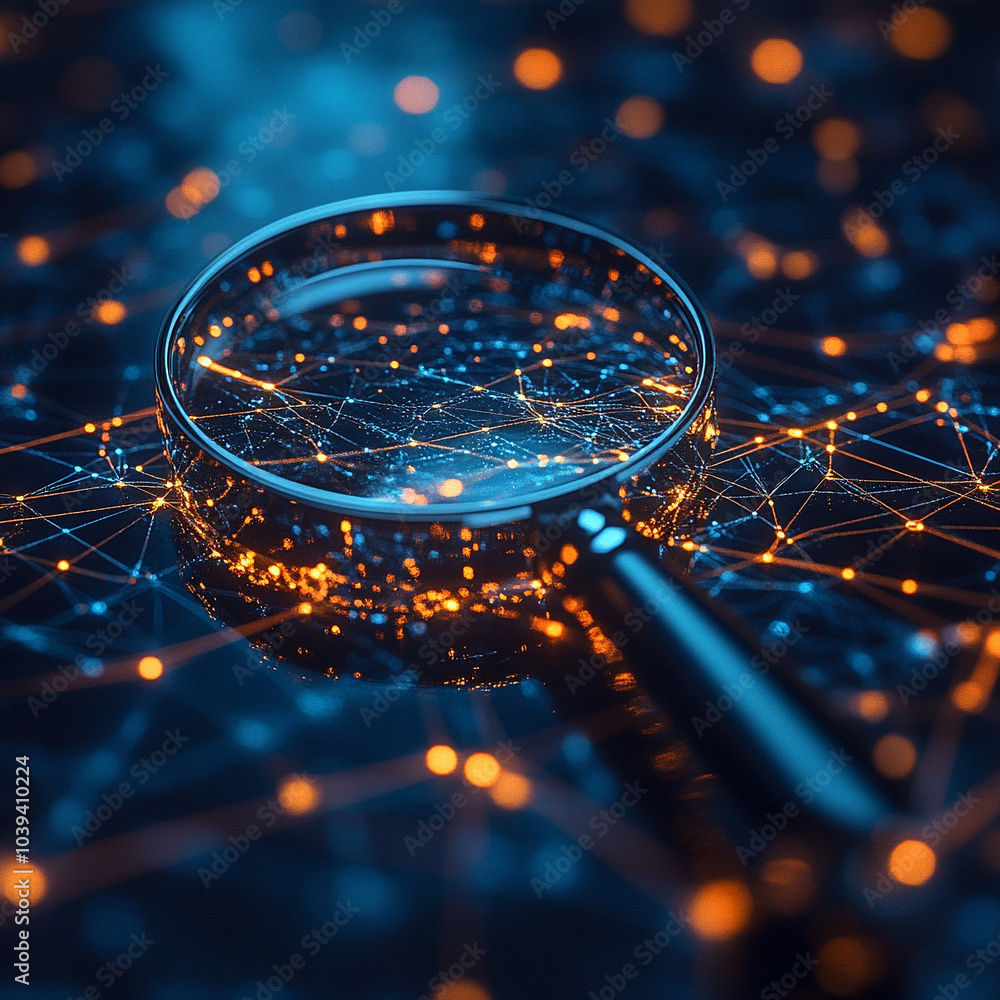 Poster exploring the digital cosmos a magnifying glass unveils hidden nodes and connections in a complex ne