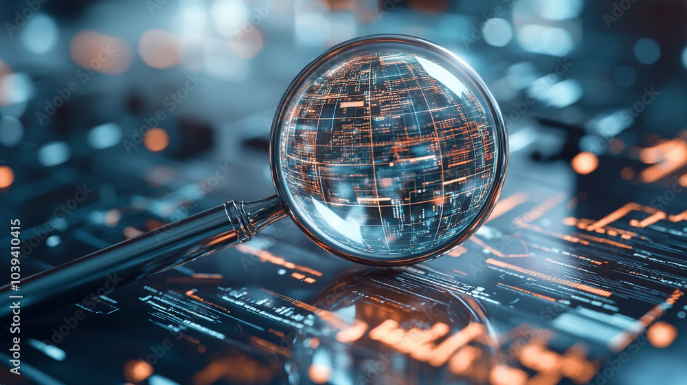 Poster exploring the future a magnifying glass focuses on a holographic globe in a high-tech environment fo