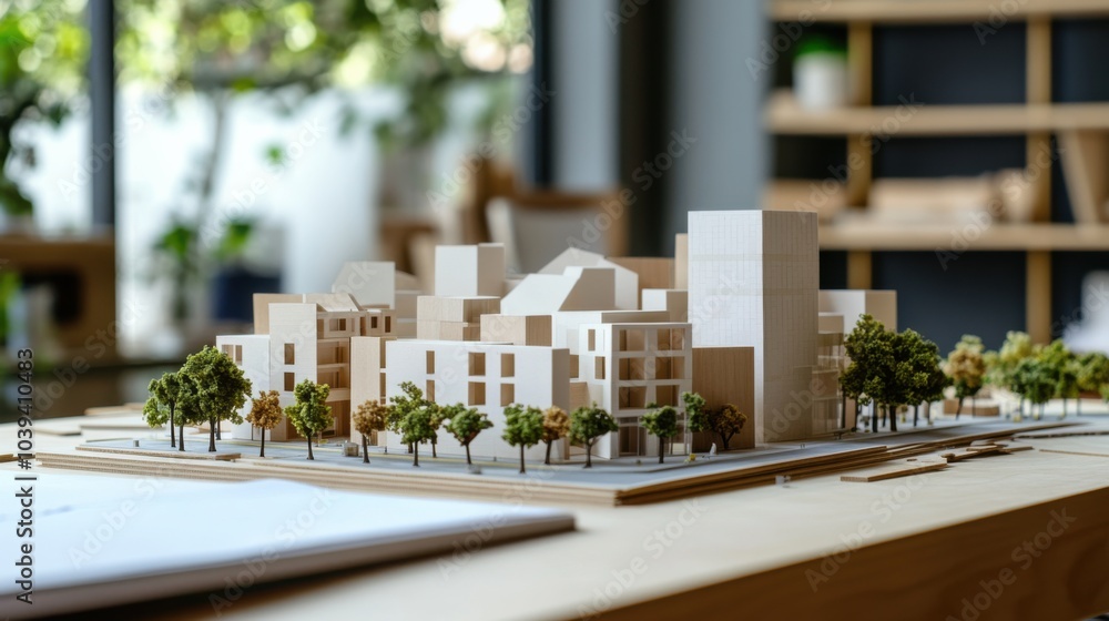 Poster A modern architecture studio with architects designing urban models using blocks, Blocks arranged in urban planning layouts, Architectural design style