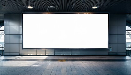 Blank billboard on concrete wall in contemporary train station