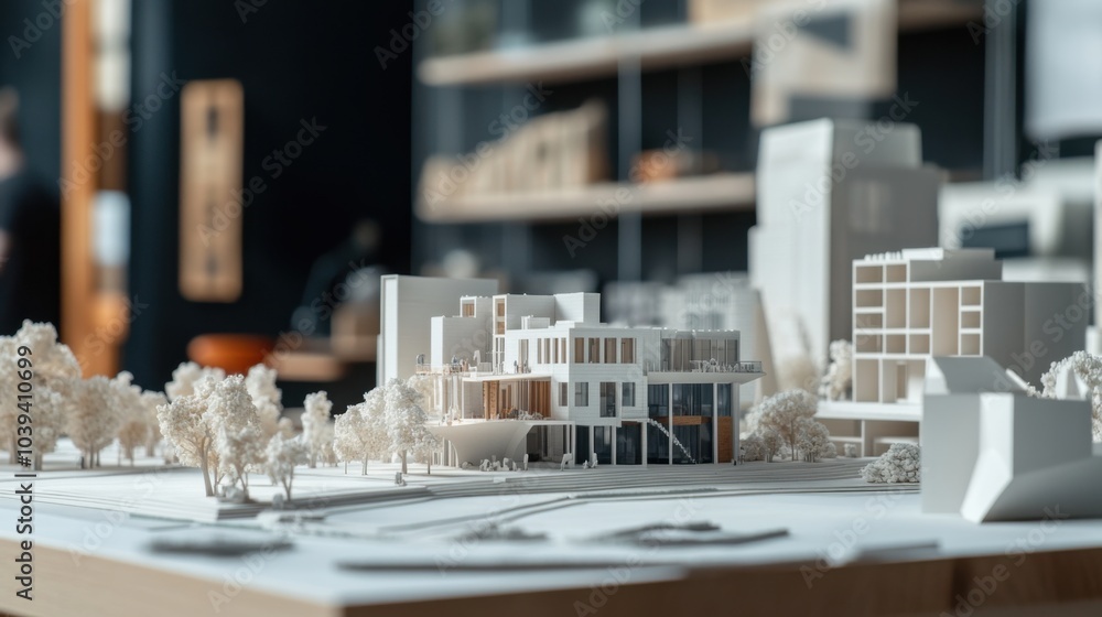 Aufkleber A modern architecture studio with architects designing urban models using blocks, Blocks arranged in urban planning layouts, Architectural design style
