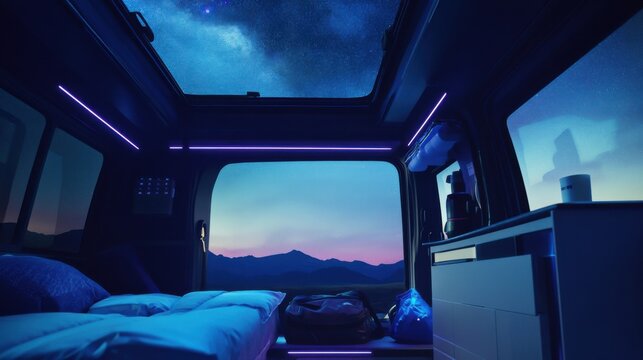 A modern camping setup in a high-tech camper van under a starry sky, Camping gear arranged inside a sleek vehicle with panoramic windows, Futuristic adventure style