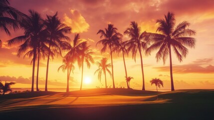 Obraz premium A modern golf course during a vibrant sunset with palm trees swaying, Golf clubs positioned under a fiery sky and tropical ambiance, Sunset paradise style