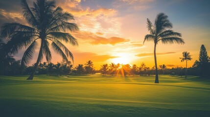 Fototapeta premium A modern golf course during a vibrant sunset with palm trees swaying, Golf clubs positioned under a fiery sky and tropical ambiance, Sunset paradise style