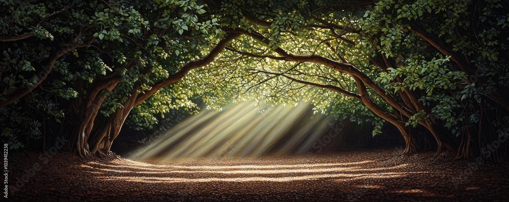 Aufkleber sunlight filtering through trees in a serene forest setting, creating a tranquil atmosphere.