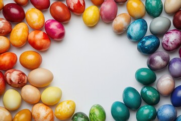 Fototapeta premium An array of colorful dyed eggs arranged in a circular pattern on a blank surface, suitable for commercial use, showcasing creativity, festive spirit, and visual appeal. 
