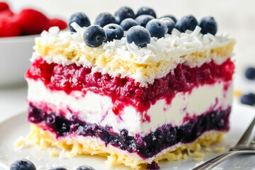 Delicious slice of cake featuring layers of berries and cream