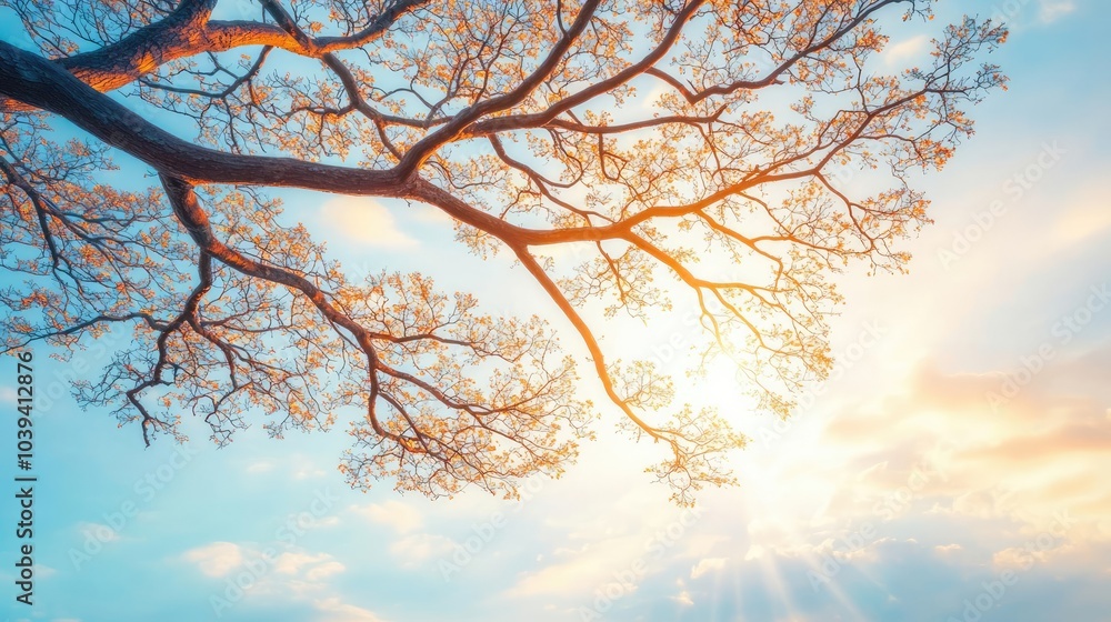 Poster branches of a tree against a bright sky with sunlight filtering through.